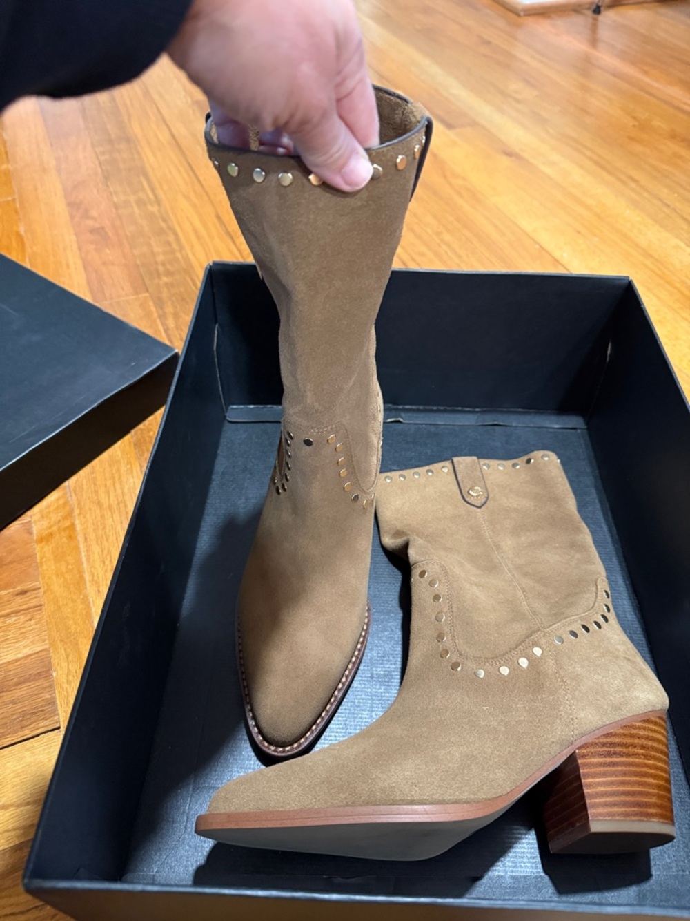 Coach Tan Coconut Phoebe Suede Studded Mid-Calf Ankle Boots